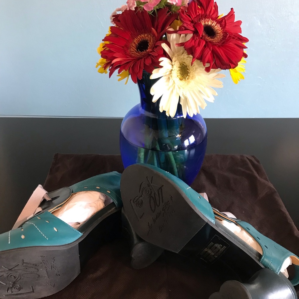 John Fluevog leather open side and heel 3 inch dark teal with ribbon lace up